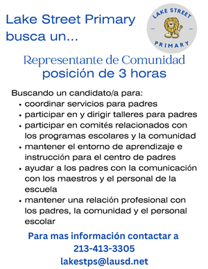 Lake Street primary Community Rep hiring flier in Spanish